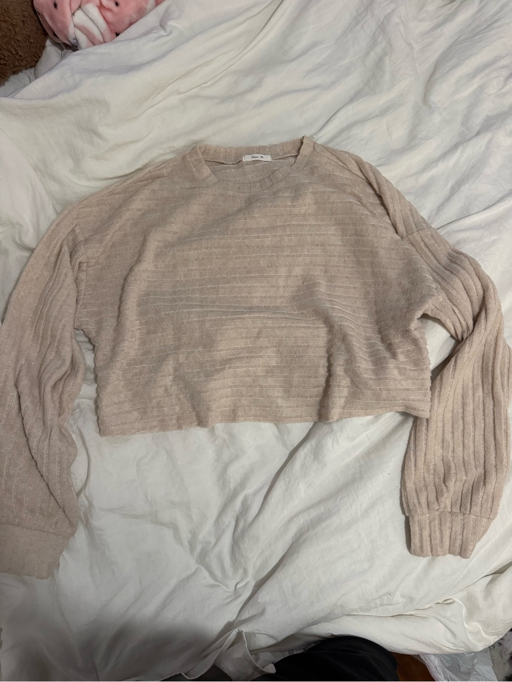 SHEIN Cropped Ribbed Crewneck Sweater in Beige
